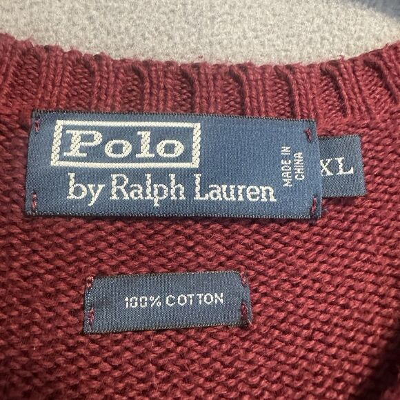 Polo Ralph Lauren V-Neck Sweater 100% Cotton Mens XL Burgundy Preppy Old Money - Picture 2 of 7